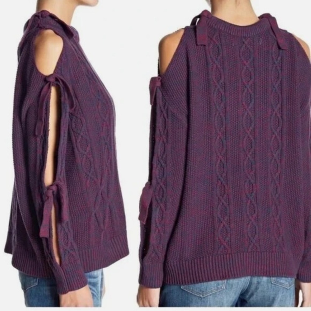 Project NAADAM Cable Knit Tie Sleeve Sweater Purple Bow Size XS